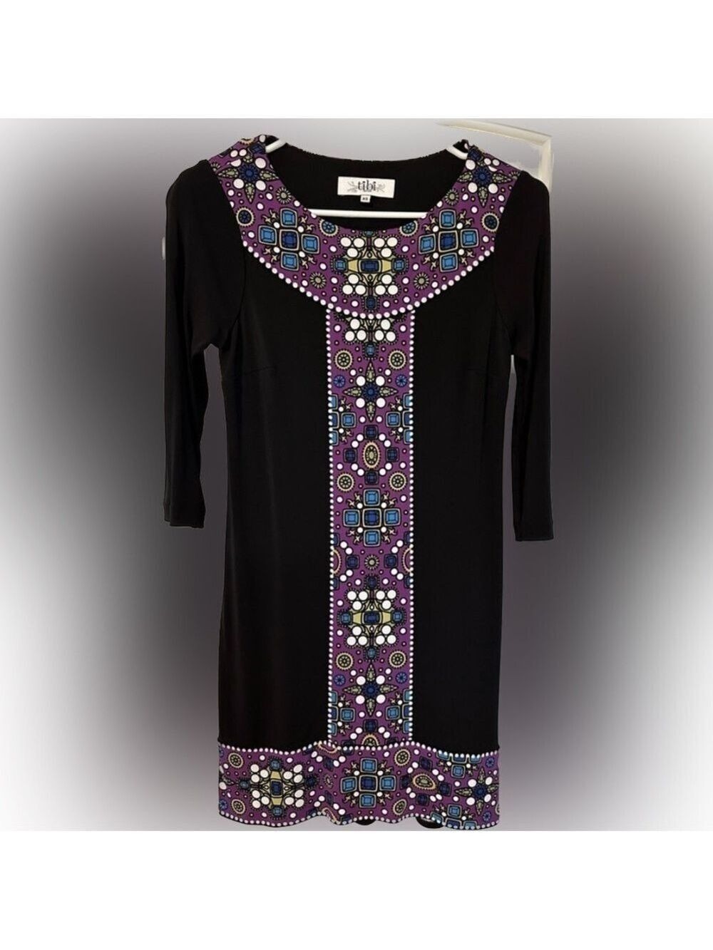 TIBI New York 3/4 - Long Sleeve Black Shift Dress Boat Neck Jewel Print Size XS